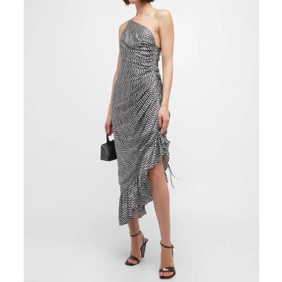 Cinq à Sept Silk Christel Ivory Navy Asymmetrical One Shoulder Dress Size 2 - Picture 10 of 11